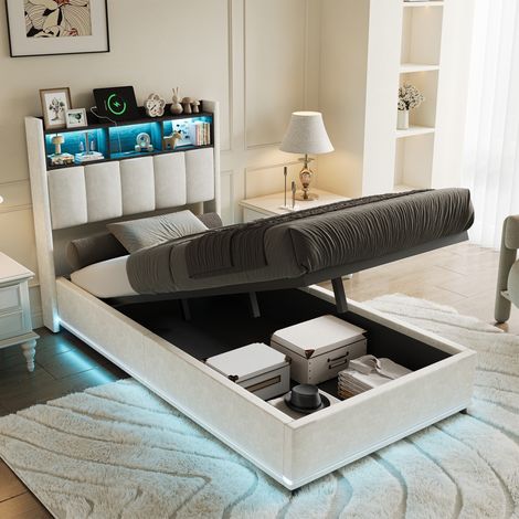 Letto singolo 90x200 cm con contenitore idraulico, LED, porta USB, rete a doghe in legno, letto contenitore imbottito in velluto - Bianco