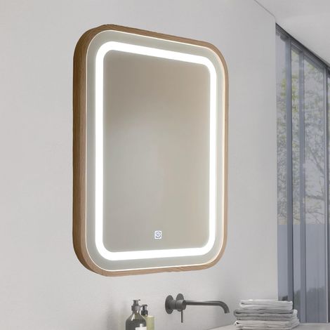 Miroir de Salle de Bain avec lumière 60 x 80 cm, Miroir Wood Square 15 W, réglable, 3 Couleurs lumière, Interrupteur Tactile, Verre trempé HD, IP44, Horizontal/Vertical (1/5)
