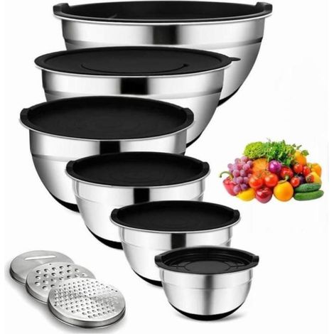 Lot de 6 bols mélangeurs en acier inoxydable avec couvercle et râpe, pour cuisine, avec fond en silicone, 3 embouts Multic SALADIER (1/5)