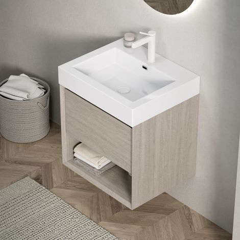 Lavabo mural 55cm avec vasque rectangulaire blanche en résine intégrée, meuble en contreplaqué, 1 tiroir et étagère ouverte, pré-assemblé, finition chêne clair aspect bois. (1/5)