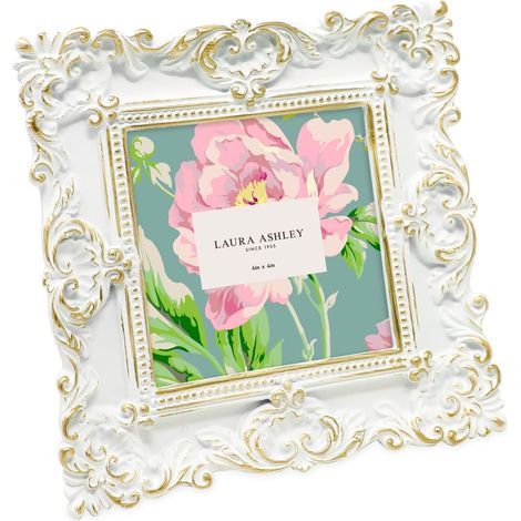 Cadre photo en résine texturé fait à la main avec chevalet et crochet pour table et décoration murale, motif floral décoratif pour la maison, galerie photos, art (10 x 10 cm, blanc/doré) (1/5)