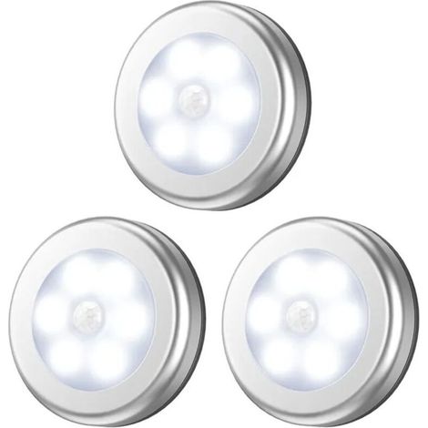 Lot de 3 veilleuses LED à piles avec détecteur de mouvement, appliques murales adhésives pour escalier et couloir, couleur argent (1/5)