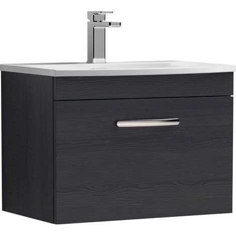 Millwich Contemporary 1 Drawer Wall Hung Vanity Unit with Curved Basin, Charcoal Black, 600mm