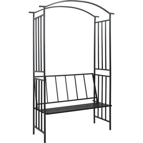 Arche de jardin avec banc, noir, 128x50x207 cm, fer forgé.