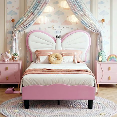 Cama Infantil Niña Princesa 90x190 cm, Cama Individual Tapizada en Polipiel con Cabecero Mariposa, LED Multicolor y Somier de Láminas - Rosa