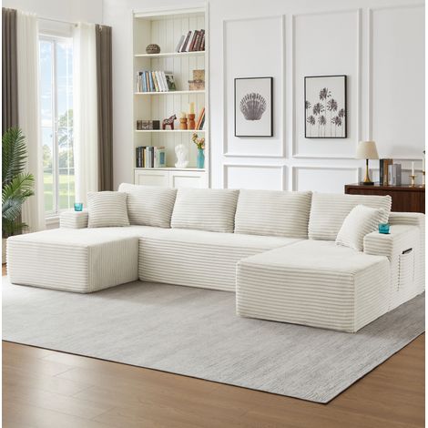 Modulares U-Sofa aus beigefarbener Chenille, ohne Montage, mit tiefer Sitzfläche (1/5)