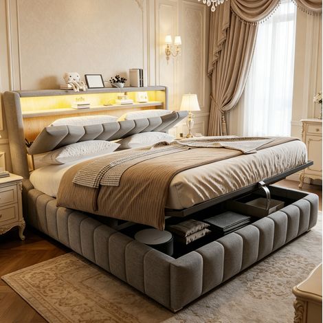Polsterbett mit Bettkasten 180x200 cm, LED, USB und USB-C, Kopfteil mit Stauraum, grau OKMYHOME (1/5)