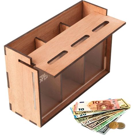 Tirelire en bois à 3 compartiments avec couvercle amovible