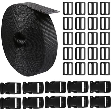 Nylon Sangle Lourde en Noir, 10m x 25mm Sangle en Nylon avec 10 Boucle Plastique Clip et 10 Tri-Glide Curseur Plastique, Courroie en Nylons Noir de Sangles, pour Sac à Dos, Bagage, Tente, Sac Banane