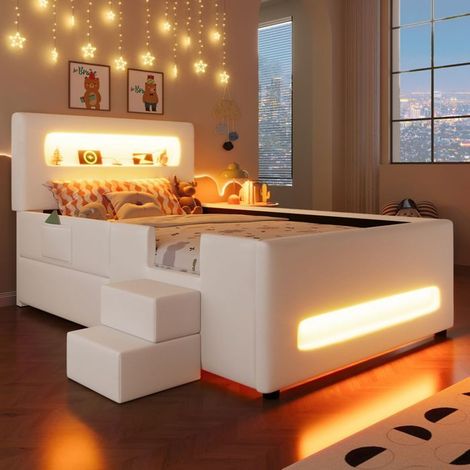 Lit plateforme rembourré - SOGEU - 90 x 200 cm - Escalier intégré - LED intégrées - Tiroirs & port USB (1/5)