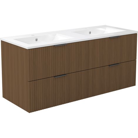 AICA Ensemble de meubles de salle de bain 120 cm Noyer avec 4 tiroirs + vasque double en céramique (1/5)