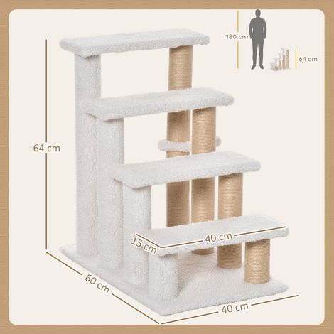 Escalier pour animaux avec griffoir, rampe 4 marches pour chat et chien en panneaux de particules, peluche et jute, blanc, 60x40x64cm, idéal pour félins et canidés (1/5)