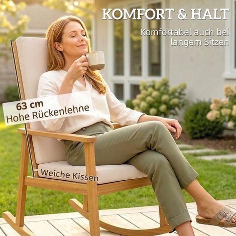 Fauteuil à bascule en acacia, dossier haut, coussin inclus, charge max 160 kg, 60x89x107 cm, beige (1/4)