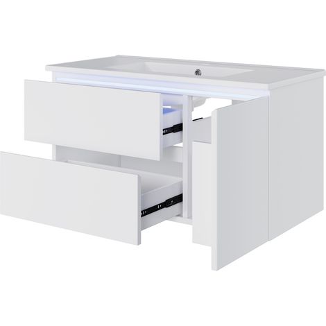 Mueble de baño suspendido de 91,5 cm con lavabo de cerámica, 2 cajones y luz LED (1/5)