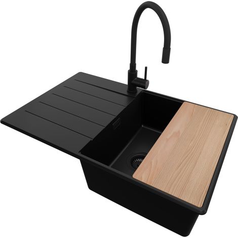 PRIMAGRAN Evier Cuisine en Granit 78x50cm, Lavabo 1 bac + Kit de Vidage + Accessoire, Évier à Encastrer au meuble 50cm - Copenhague, Tout Noir (1/5)