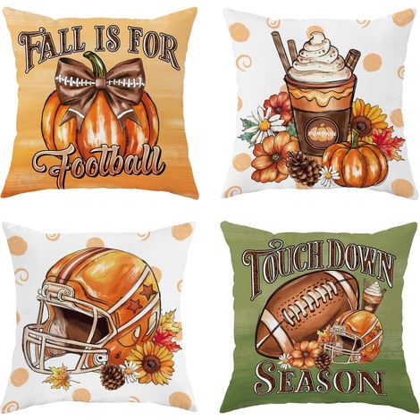 Fundas de cojín de otoño, 45x45 cm, juego de 4, cojines decorativos, estampado de balón de rugby, aptos para sofás, balcones, camas y salones. (1/5)