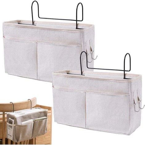2 Pièce Organisateur de Chevet Lit, Panier de Lit Chevet Suspendu, Poche de Lit Organisateur, Organisateur de Chevet Suspendu, pour Bureau, Lit de Chambre, Cuisine (Blanc) (1/4)