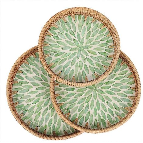 Plateau rond en rotin tressé (lot de 3) avec incrustations de nacre, style bohème, pour table basse. (1/5)
