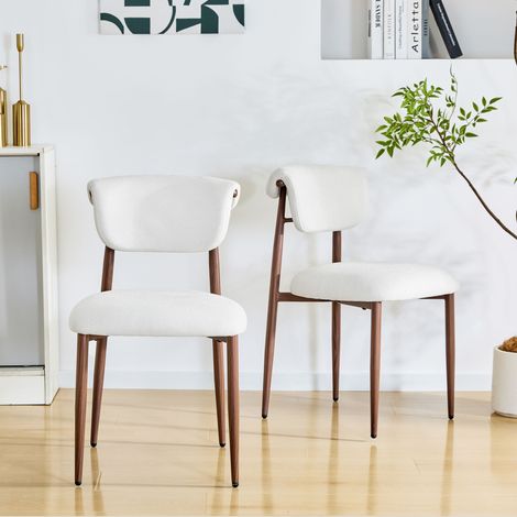 Chaise de salle à manger 58,5x48x83 cm avec dossier incurvé, assise rembourrée, pieds en métal, lin blanc- 2 articles (1/4)