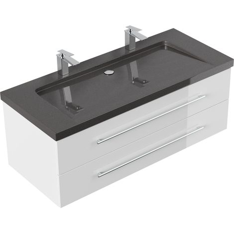 Badmöbel Granit India Black Damo 130 cm 2 Hahnlöcher SoftClose weiß hochglanz