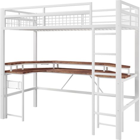 Cama alta 90 x 200 cm de metal blanco con escritorio, LED, USB-C y enchufes (1/5)