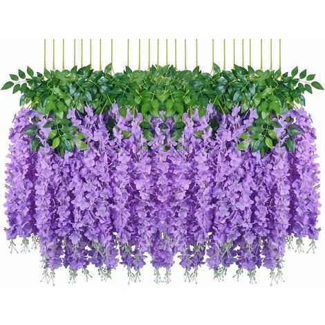 Fleurs artificielles, 24 pièces artificielles faux glycine vigne suspendus fleurs en soie décor de fête de mariage à la maison (24 pièces, 110 cm / chaque brin, violet)