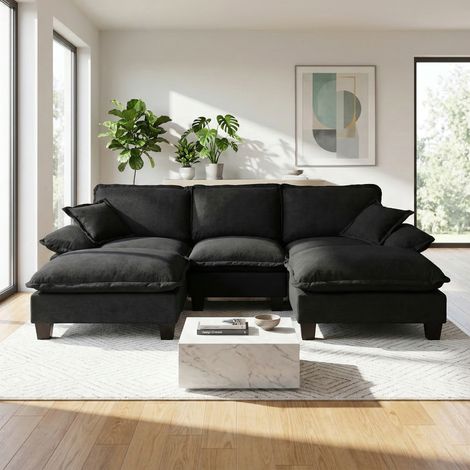Canapé d'angle modulable Chenille, canapé 3 places en forme de U, design bateau à voile, 2 ottomane & 2 coussins, noir