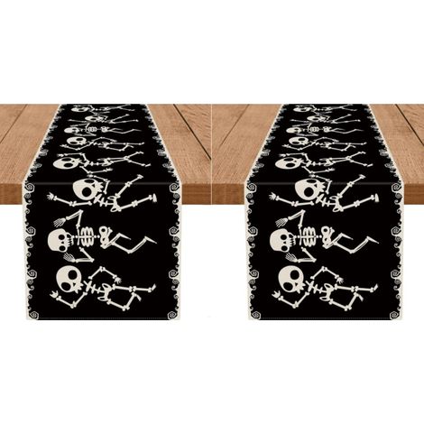 Camino de mesa de Halloween, de poliéster negro y decorado con un estampado de calaveras danzantes, ideal para la decoración de temporada, 33 x 183 cm (2 piezas). (1/4)