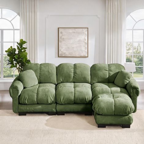 Canapé d'angle en chenille vert avec pouf et coussins (1/5)