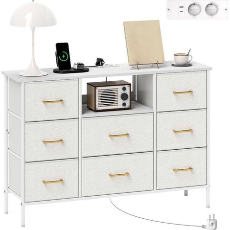 Commode à 8 tiroirs en tissu avec armature métallique et multiprise. Couleur crème, adaptée pour couloir, chambre, salon et bureau (1/4)