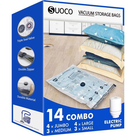 Sacs de Rangement Sous Vide 14 Combo avec Pompe Électrique - Sacs de Compression Étanches Gain de Place pour Vêtements, Literie, Couettes, Sacs Sous Vide pour Maison/Voyage (1/5)