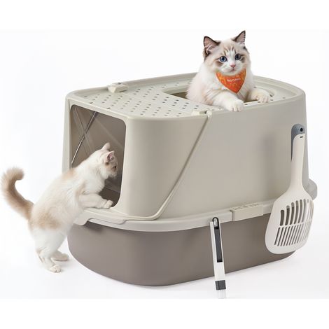 Grand Bac à Litière pour Chat, Taille XXL, Litière pour Chat avec Couvercle Basculant, avec Pelle et Brosse, pour Chats Jusqu’à 15 kg, Avoine et Gris Chaud