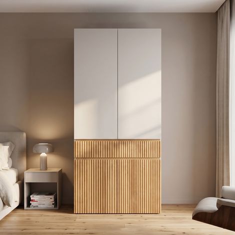 Armoire de chambre 200 cm 4 portes avec penderie et tiroir, Armoire vetement, armoire de rangement moderne chêne clair, por chambre enfant (1/5)