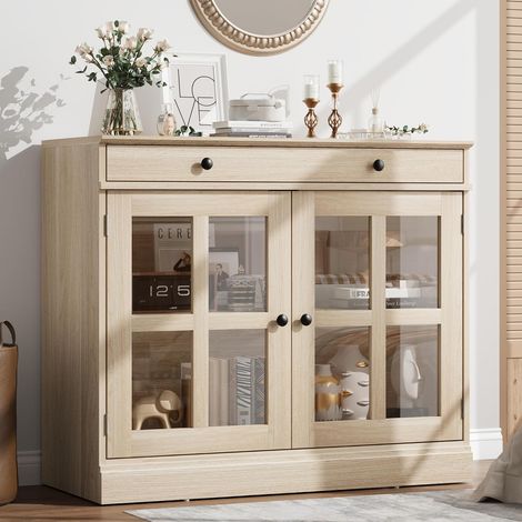 Buffet bar 90 cm couleur chêne naturel, portes vitrées et tiroir, étagère ajustable, rangement spiritueux entrée salle à manger cuisine (1/5)
