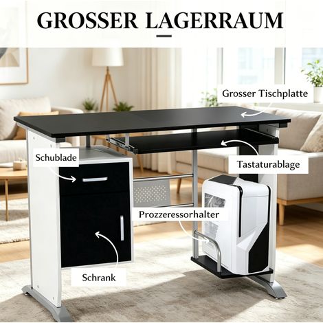 Bureau informatique contemporain avec espaces de rangement multiples, 100 x 52 x 75 cm, noir/blanc/argent (1/5)