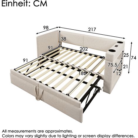 Canapé de jour rembourré 90×200cm lin beige sans matelas,lit escamotable,accoudoirs USB Type-C et porte-gobelet,canapé-lit simple