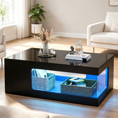 Table basse fixe de salon, 100x50x35 cm, table à café avec LED, étagères en verre trempé et plateau brillant, moderne scandinave, noir