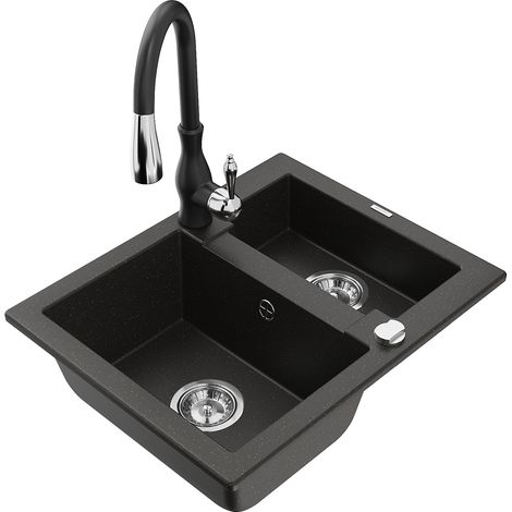 Mexen Carlos fregadero de granito de 1,5 senos con grifo de cocina Savita, negro/dorado metálico - 6518-75-672601-70 (1/5)