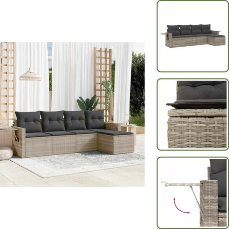 vidaXL 5-tlg. Garten-Sofagarnitur mit Kissen Hellgrau Poly Rattan (1/5)