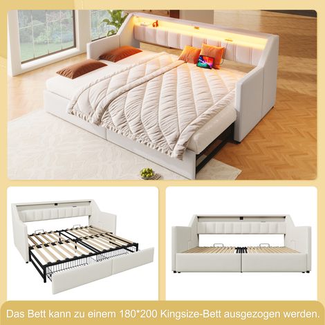 Lit de jour 90x200 cm, canapé-lit, USB/Type-C, LED, 2 tiroirs, poches rangement, extractible multifonction, sans matelas, beige. (1/5)