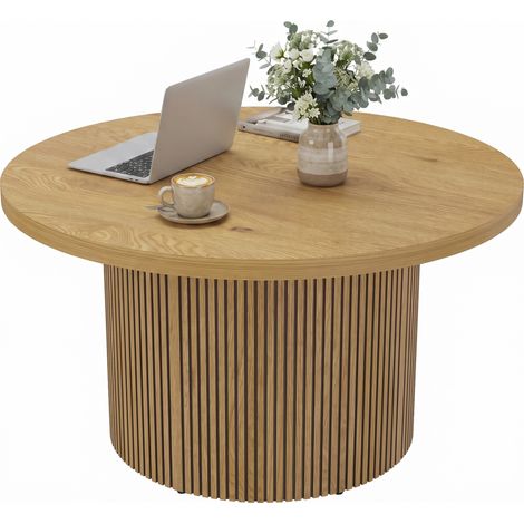 Table basse ronde en bois, table de salon avec piètement cannelé, style moderne, effet bois naturel