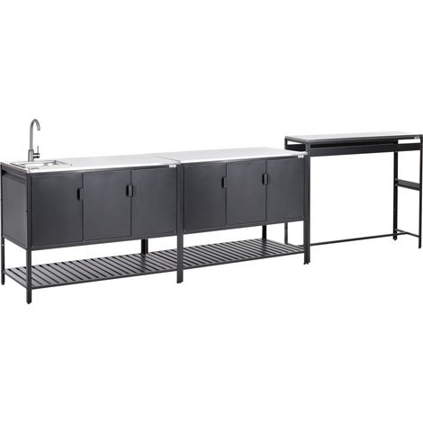 Conjunto de 2 armarios de cocina y mesa de bar para exterior de acero 3 puertas encimera de acero inoxidable jardín negro con fregadero Maenza (1/5)