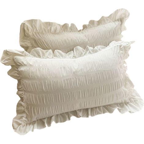 Taie D'oreiller Garnie - Standard 48x74 cm - Bordure Ruchée Double - Fermeture Enveloppe - Blanc - Polyester - Lot De 2 (1/5)