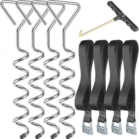 Kit di ancoraggio per trampolino resistente in 4 pezzi - Picchetti a spirale in acciaio zincato antiruggine per trampolini e altalene con 4 cinghie e attrezzo di trazione a molla