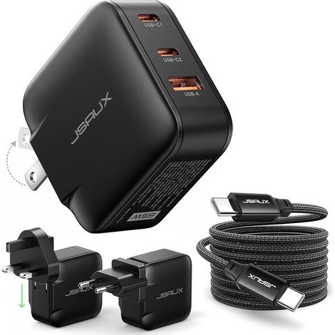 Chargeur GaN 65W, 2 USB-C + 1 USB-A, adaptateurs EU/UK Câble USB-C 2 m, prise US pliable, adaptateurs EU/UK inclus, idéal pour 15, Galaxy et Switch 2 (1/5)