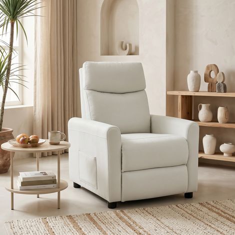 Fauteuil TV inclinable avec fonction relax, ressorts ensachés, repose-pieds, revêtement aspect lin, blanc crème (1/5)