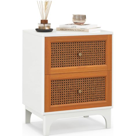 Comodino rattan con 2 cassetti decorati in rattan intrecciato a mano Tavolino boho con gambe in legno massello Bianco (1/5)