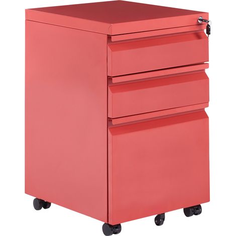 Mobile contenitore moderno in acciaio a 3 cassetti per ufficio con rotelle in plastica e serratura a chiave rosso Recami