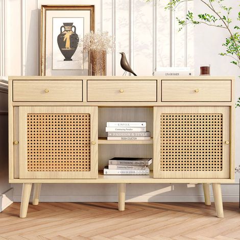 Buffet chêne 120x40x78 cm 3 tiroirs 3 portes coulissantes rotin piètement massif (1/5)