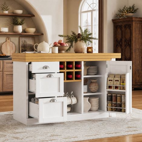 Tavolo bar 120x40x74 cm, girevole 360°, allungabile, con spazio contenitivo, MDF bianco (1/5)